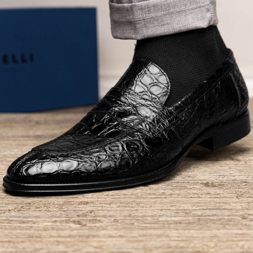 11-201-BKM ROMA Crocodile Penny Loafer, Black Zelli Italia