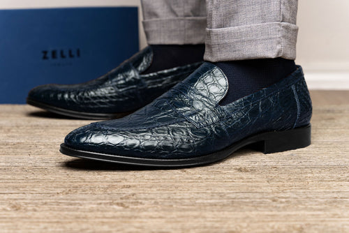 11-201-NVY ROMA Crocodile Penny Loafer, Navy Zelli Italia