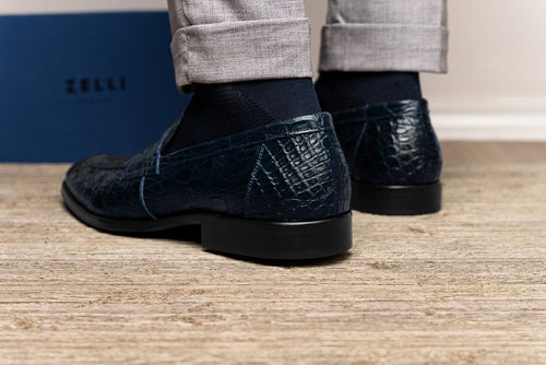 11-201-NVY ROMA Crocodile Penny Loafer, Navy Zelli Italia