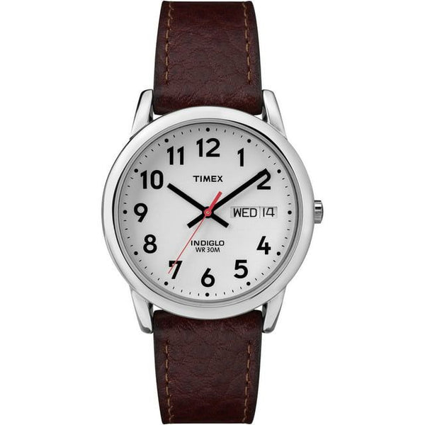 Timex Men's Easy Reader 35mm Day-Date Watch – Silver-Tone Case White Dial with Dark Brown Leather Strap EasyOptionXY LLC