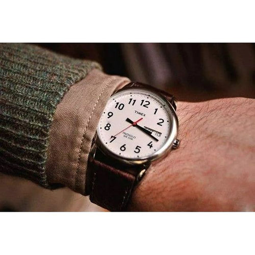 Timex Men's Easy Reader 35mm Day-Date Watch – Silver-Tone Case White Dial with Dark Brown Leather Strap EasyOptionXY LLC