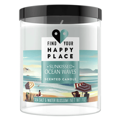 Find Your Happy Place Indoor/Outdoor Ocean Waves Sea Salt and Water Blossom Scented Candle, 3.25" x 3.25" Wax, Black EasyOptionXY LLC