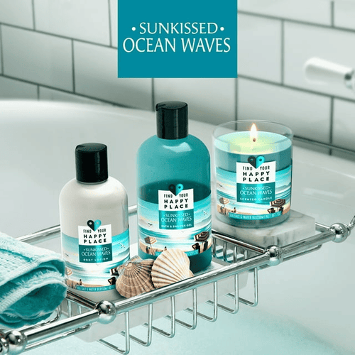 Find Your Happy Place Indoor/Outdoor Ocean Waves Sea Salt and Water Blossom Scented Candle, 3.25" x 3.25" Wax, Black EasyOptionXY LLC