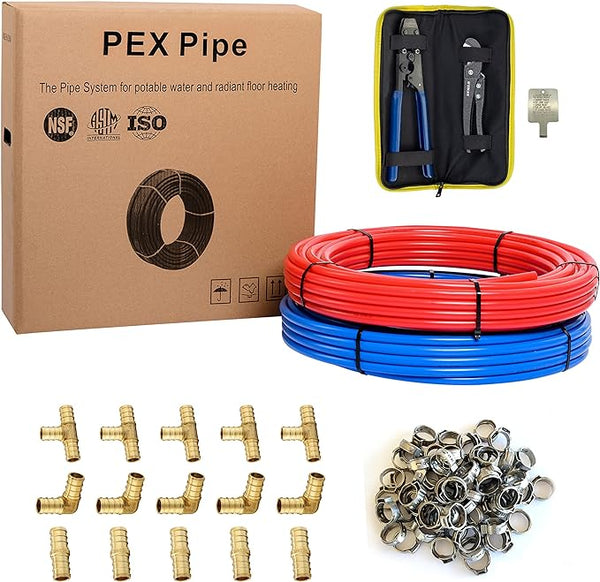 1/2" 2 x100ft, 200ft PEX-B Tubing (Blue & Red), Crimping Clamp Tool & Cinch Clamps & Cutter Combo Kit (All in One)