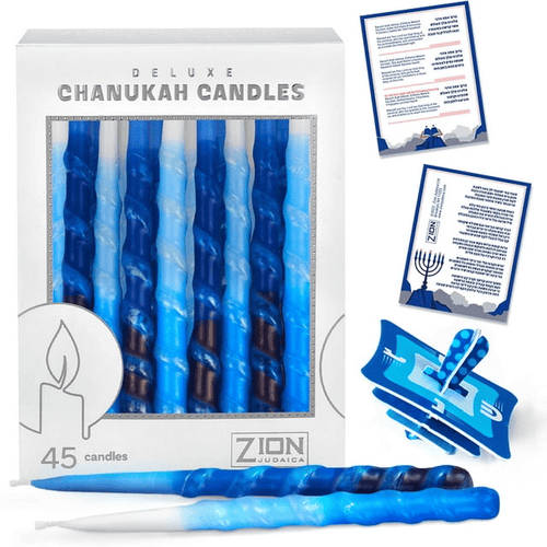 Premium Drip less Hand Made Decorated Hanukkah Candles Set of 45 Blue Shades Spiral Menorah Candles with Prayer Card and DIY Dreidel, Enough for Eight Nights of Chanukah EasyOptionXY LLC