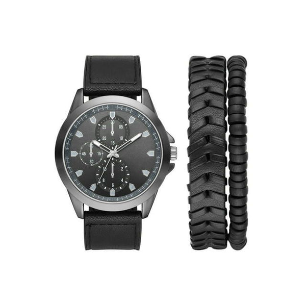 George Men's Watch Set: Gunmetal Case, Black Dial, Textured Vegan Leather Band, Braided PU Band, Stretchy Bead Bracelet (FMDXGE038).