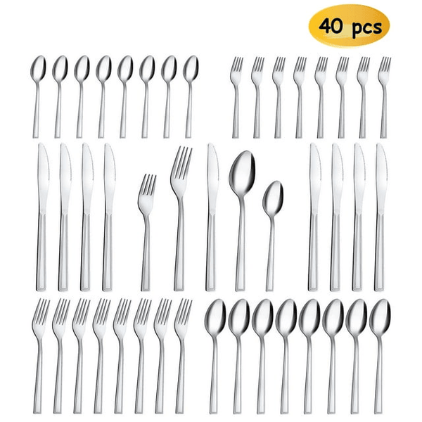 Silverware Set Service for 8, Hunnycook 40 Pieces Square Handle Stainless Steel Flatware Set, Mirror Polished Cutlery Set for Home Kitchen Restaurant, Dishwasher Safe EasyOptionXY LLC