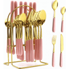 Gold Silverware Set, Caliamary 24 Pieces Flatware Set with Silverware Holder, Stainless Steel Knives and Forks and Spoons Cutlery Set Service for 6, Kitchen Utensil Tableware Set with Pink Handle EasyOptionXY LLC