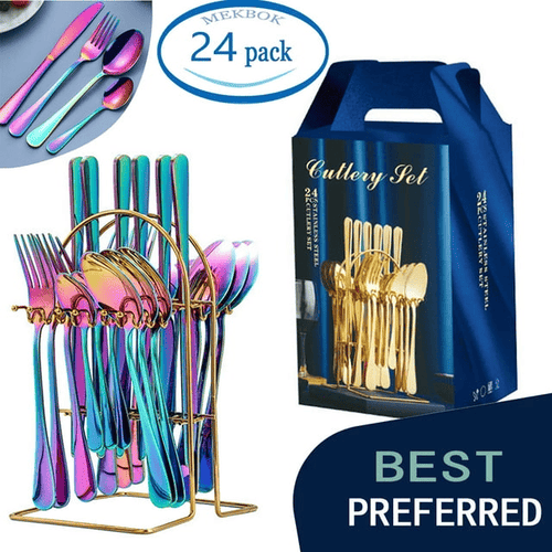 MEKBOK Colorful Silverware Set,24 piece Stainless Steel Flatware Set with Hanging Caddy,Iridescent Cutlery Utensils Set Service for 6,(Muti-colorful, 24-Piece) EasyOptionXY LLC