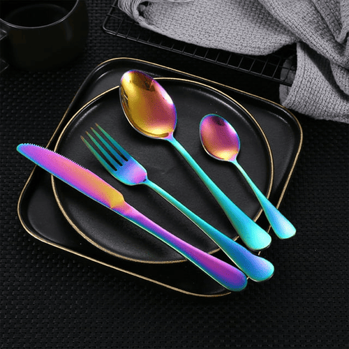MEKBOK Colorful Silverware Set,24 piece Stainless Steel Flatware Set with Hanging Caddy,Iridescent Cutlery Utensils Set Service for 6,(Muti-colorful, 24-Piece) EasyOptionXY LLC