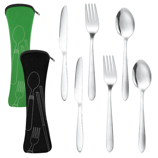 HEQUSIGNS Cutlery Set with Portable Pouch Case, 2 Pack Portable Travel Flatware Set Knife, Fork, Spoon, 6Pcs Portable Travel Stainless Steel Tableware for Outdoor Travel Picnic Office School Lunch Box EasyOptionXY LLC