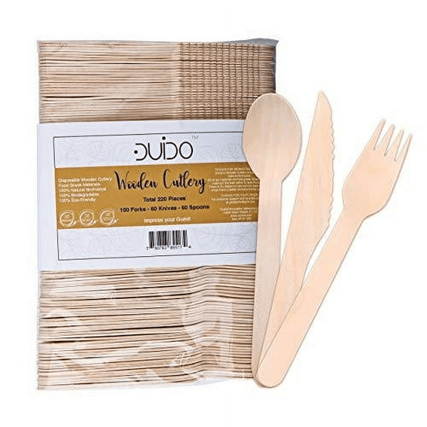 Biodegradable Disposable Wooden Cutlery Utensils ¨C (Pack of 220) Wooden Utensils for Eating 100 Forks 60 Knives 60 Spoons 5.5-inch Set Eco-Friendly Compostable Silverware Kit Party Supplies Events EasyOptionXY LLC