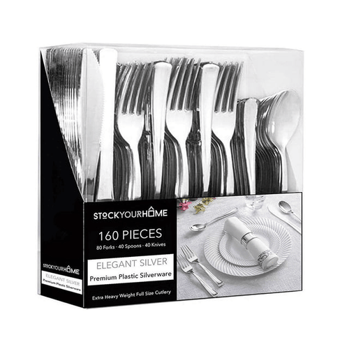 160 Piece Silver Plastic Cutlery Set, Disposable Silverware by Stock Your Home EasyOptionXY LLC