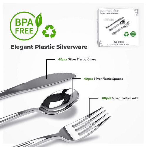 160 Piece Silver Plastic Cutlery Set, Disposable Silverware by Stock Your Home EasyOptionXY LLC