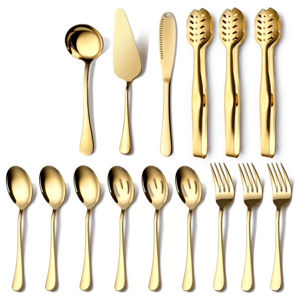 OGORI 15 Pieces Gold Serving Utensils Set Polished Stainless Steel Hostess Cutlery Set for Dinner Party Supply EasyOptionXY LLC