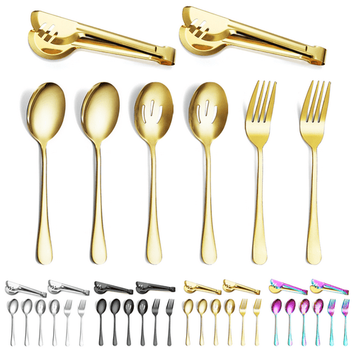 ReaNea Gold Flatware Serving Set of 8 Pieces, Silverware Serving Utensils Large Spoon Set EasyOptionXY LLC