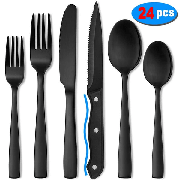 Silverware Set, Flatware Sets with Steak Knives, Flatware 24 Piece Set Food-Grade Stainless Steel Silverware Sets EasyOptionXY LLC