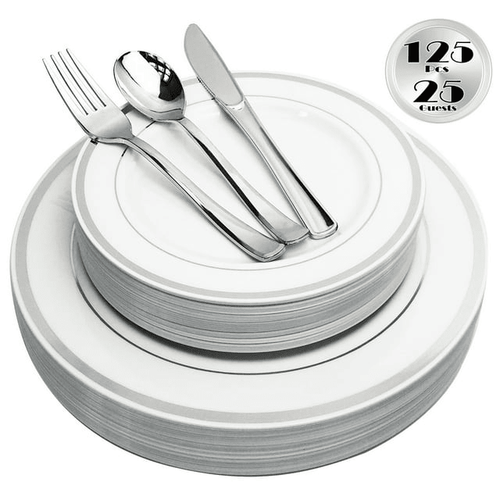 JL Prime 125 Piece Silver Plastic Plates & Cutlery Set, Re-usable Recyclable Plastic Plates with Silver Rim & Silverware, 25 Dinner Plates, 25 Salad Plates, 25 Forks, 25 Knives, 25 Spoons EasyOptionXY LLC