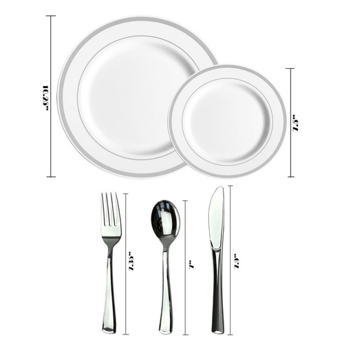 JL Prime 125 Piece Silver Plastic Plates & Cutlery Set, Re-usable Recyclable Plastic Plates with Silver Rim & Silverware, 25 Dinner Plates, 25 Salad Plates, 25 Forks, 25 Knives, 25 Spoons EasyOptionXY LLC