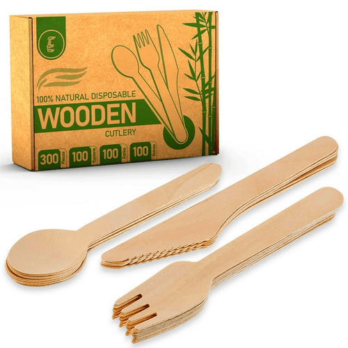 Disposable Wooden Cutlery Set - 300 Pcs Disposable Wooden Cutlery with Forks, Knives, & Spoons, Compostable & Biodegradable Utensils EasyOptionXY LLC