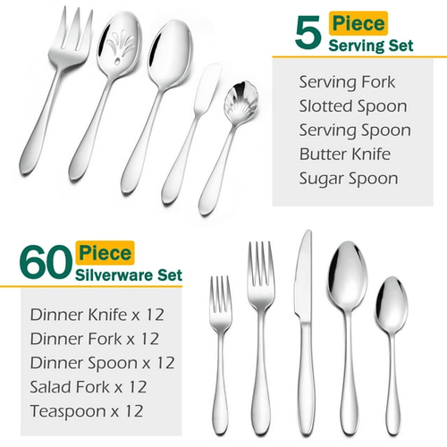 Walchoice 65 Piece Silverware Set with Serving Set, Stainless Steel Flatware Cutlery Set for Home, Metal Eating Utensils Service for 12 EasyOptionXY LLC