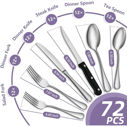 Bestdin 72 Pieces Silverware Sets Service for 12, Premium Stainless Steel Spoons and Forks Set with Steak Knives, Mirror Polished Flatware Set for Home Kitchen Restaurant, Dishwasher Safe EasyOptionXY LLC
