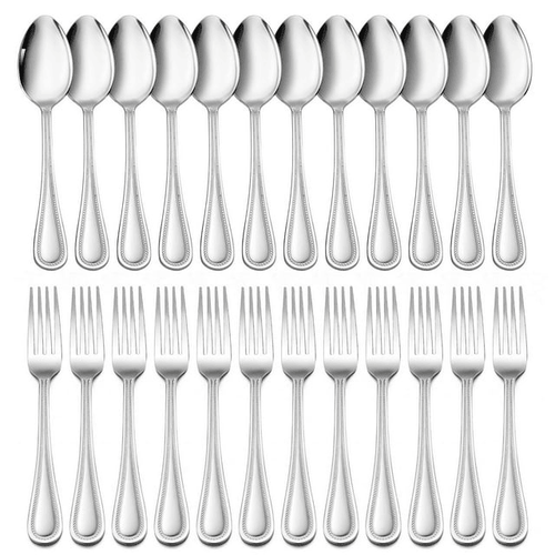 Walchoice 24-Piece Fork and Spoon Set, Stainless Steel Silverware Flatware Set for Party Wedding Banquet, Metal Eating Utensils Include 12 Dinner Fork & 12 Dinner Spoon - Pearled Edges EasyOptionXY LLC