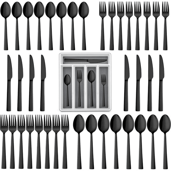 Walchoice 40-Piece Black Silverware Set with Drawer Organizer, Stainless Steel Flatware Cutlery Set for Home Restaurant, Elegant Eating Utensils Tableware Plus Plastic Tray EasyOptionXY LLC