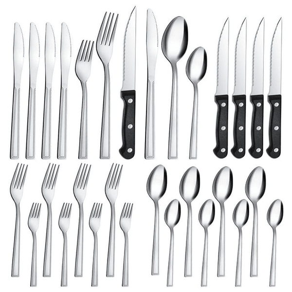 Bestdin 24 Pieces Silverware Set with Steak Knives, Stainless Steel Flatware Sets Service for 4, Mirror Polished Pattern Design Tableware Sets for Home Kitchen Restaurant Hotel, Dishwasher Safe EasyOptionXY LLC