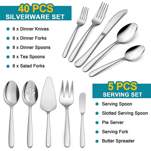 Vesteel 45 Piece Modern Silverware Set with Serving Utensils, Stainless Steel Flatware Cutlery Set for 8, Eating Utensils Tableware Include Forks Knives Spoons, Heavy Duty & Mirror Finished EasyOptionXY LLC