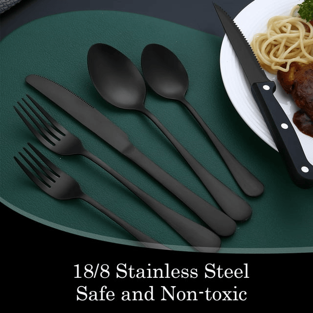 48 Pieces Matte Black Silverware Set with Steak Knives, YFBXG Stainless Steel Flatware Cutlery Set for 4, Hand Wash Recommended (Black1) EasyOptionXY LLC