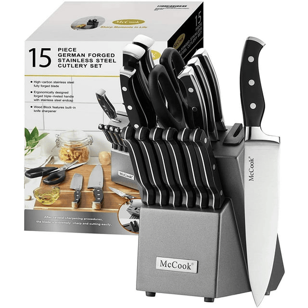 McCook MC25A 15-Piece Kitchen Knife Set Stainless Steel Forged Triple Rivet Cutlery Knife Block Set with Built-in Sharpener,Chef Knife,Steak Knife EasyOptionXY LLC