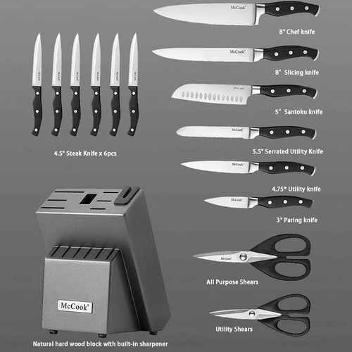 McCook MC25A 15-Piece Kitchen Knife Set Stainless Steel Forged Triple Rivet Cutlery Knife Block Set with Built-in Sharpener,Chef Knife,Steak Knife EasyOptionXY LLC