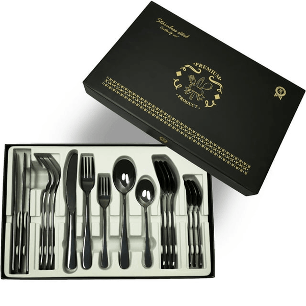 Runfly 20 Pieces Stainless Steel Black Silverware Set with Fancy Gift Box. Service for 4. 4.3lb. EasyOptionXY LLC
