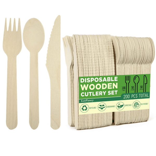 LotFancy 200 Count Disposable Wooden Cutlery Set, Biodegradable Utensils, 100 Forks, 50 Spoons, 50 Knives EasyOptionXY LLC