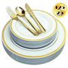 JL Prime 125 Piece Gold Plastic Plates & Cutlery Set, Re-usable Recyclable Plastic Plates with Gold Rim & Silverware, 25 Dinner Plates, 25 Salad Plates, 25 Forks, 25 Knives, 25 Spoons EasyOptionXY LLC