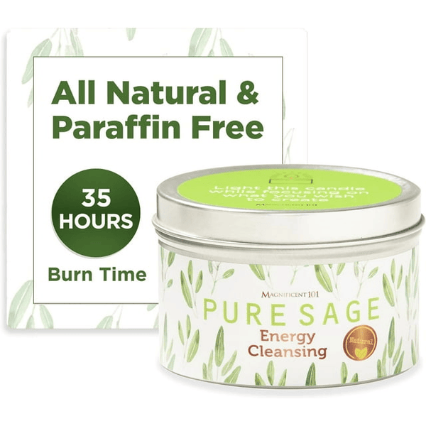 Magnificent 101 Long Lasting Pure White Sage Candle - 6 Oz - 35 Hour Burn Time | Organic, All Natural, Paraffin Free Candle to Cleanse Your Home & Calm, Soothe, Relax and Restore The Body & Mind