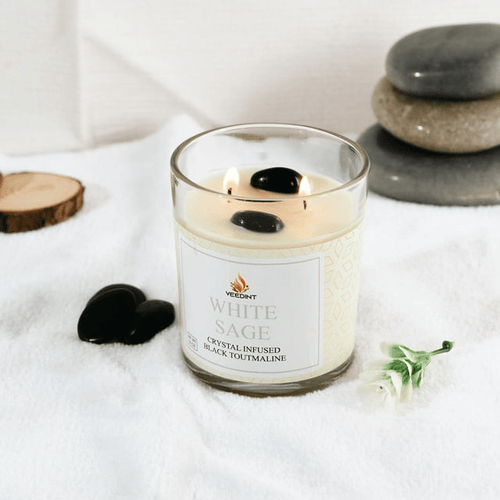 Veedint Candle Scented Candles, Jar Candle, Burn Time - 24 hrs, Metal Lid, 2 - Wick, Crystal Infused, White Sage, Black Tourmaline Crystal EasyOptionXY LLC