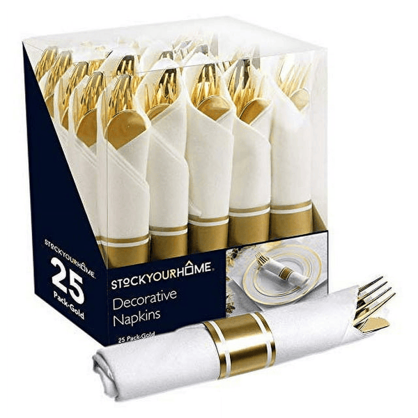 Pre-Rolled Plastic Cutlery Set (25 Count) Gold with Napkin by Stock Your Home EasyOptionXY LLC