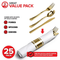 Pre-Rolled Plastic Cutlery Set (25 Count) Gold with Napkin by Stock Your Home EasyOptionXY LLC