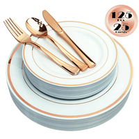 JL Prime 125 Piece Rose Gold Plastic Plates & Cutlery Set, Re-usable Recyclable Plastic Plates with Rose Gold Rim & Silverware, 25 Dinner Plates, 25 Salad Plates, 25 Forks, 25 Knives, 25 Spoons EasyOptionXY LLC
