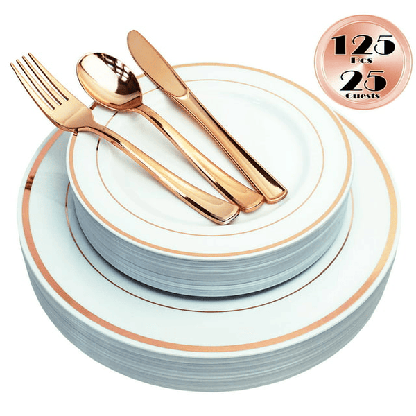 JL Prime 125 Piece Rose Gold Plastic Plates & Cutlery Set, Re-usable Recyclable Plastic Plates with Rose Gold Rim & Silverware, 25 Dinner Plates, 25 Salad Plates, 25 Forks, 25 Knives, 25 Spoons EasyOptionXY LLC