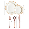JL Prime 125 Piece Rose Gold Plastic Plates & Cutlery Set, Re-usable Recyclable Plastic Plates with Rose Gold Rim & Silverware, 25 Dinner Plates, 25 Salad Plates, 25 Forks, 25 Knives, 25 Spoons EasyOptionXY LLC