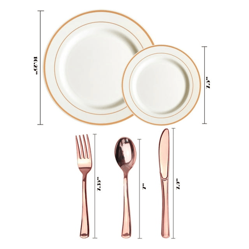 JL Prime 125 Piece Rose Gold Plastic Plates & Cutlery Set, Re-usable Recyclable Plastic Plates with Rose Gold Rim & Silverware, 25 Dinner Plates, 25 Salad Plates, 25 Forks, 25 Knives, 25 Spoons EasyOptionXY LLC