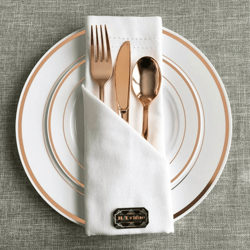 JL Prime 125 Piece Rose Gold Plastic Plates & Cutlery Set, Re-usable Recyclable Plastic Plates with Rose Gold Rim & Silverware, 25 Dinner Plates, 25 Salad Plates, 25 Forks, 25 Knives, 25 Spoons EasyOptionXY LLC