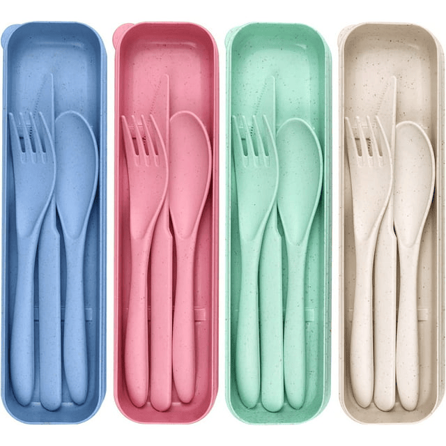 4 Pack Reusable Travel Utensils Set with Case, Wheat Straw Portable Knife Fork Spoons Tableware, Eco-Friendly Cutlery for Kids Adults Travel Picnic Camping Utensils, 4 Colors EasyOptionXY LLC