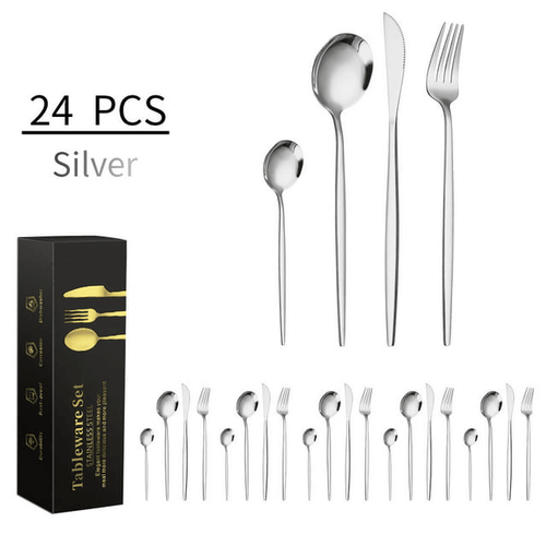 24 Pc Flatware Sets Silverware Set with Steak Knives, Stainless Steel Flatware Set for 4, Forks and Spoons Silverware Set Silver Mountdog EasyOptionXY LLC