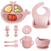 Soft Silicone Baby Feeding Set, Baby Weaning Set, Children's Cutlery Set with Adjustable Bib, Suction Cup Whale Divider Plate, Suction Cup Bowl, Stage 1 & 2 Spoon & Fork (Pink) EasyOptionXY LLC