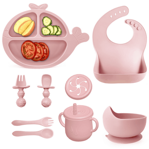 Soft Silicone Baby Feeding Set, Baby Weaning Set, Children's Cutlery Set with Adjustable Bib, Suction Cup Whale Divider Plate, Suction Cup Bowl, Stage 1 & 2 Spoon & Fork (Pink) EasyOptionXY LLC