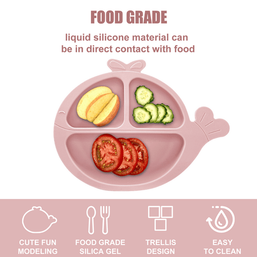 Soft Silicone Baby Feeding Set, Baby Weaning Set, Children's Cutlery Set with Adjustable Bib, Suction Cup Whale Divider Plate, Suction Cup Bowl, Stage 1 & 2 Spoon & Fork (Pink) EasyOptionXY LLC